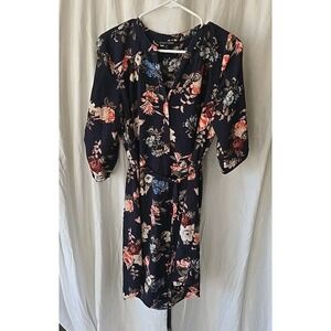41 Hawthorn Navy Foral Dress 3/4 Sleeve Women's Size M Boho Tie Waist Lightweigh